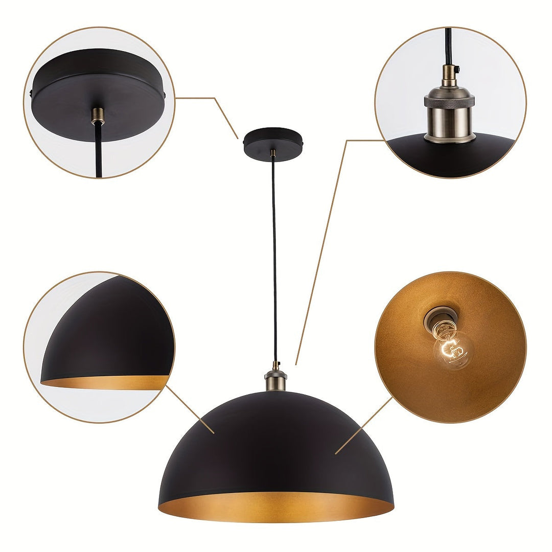 Vintage Industrial Dome Pendant Light | Black &amp; Gold Iron Shade