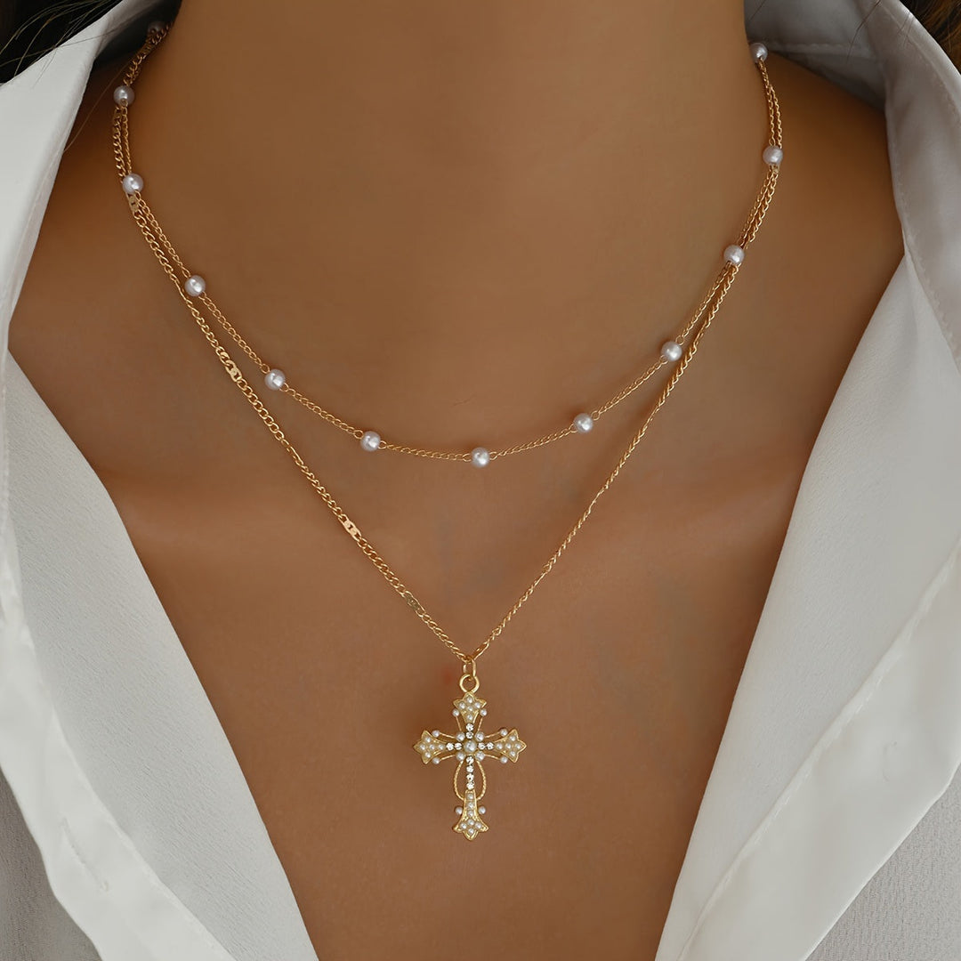 Necklace Cross Pendant Mothers Day Gold Layered Beaded Necklace