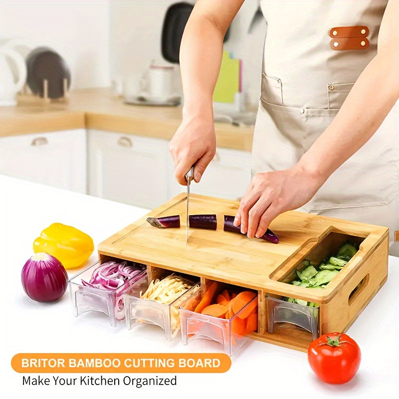 Bamboo Cutting Board with Storage Trays &amp; Graters | Multifunctional Kitchen Prep Station