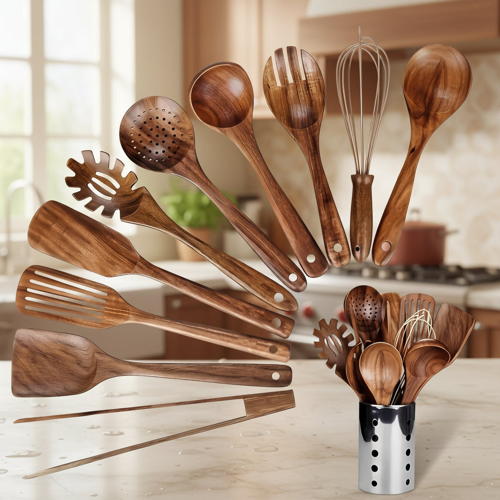 Natural Wood Kitchen Tool Set Cooking Utensils Spoon Spatula Set