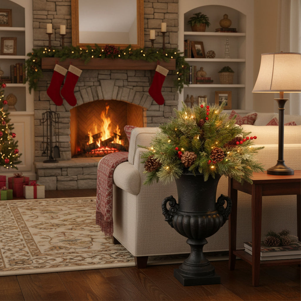 LED Evergreen Urn Filler Festive Holiday Decor