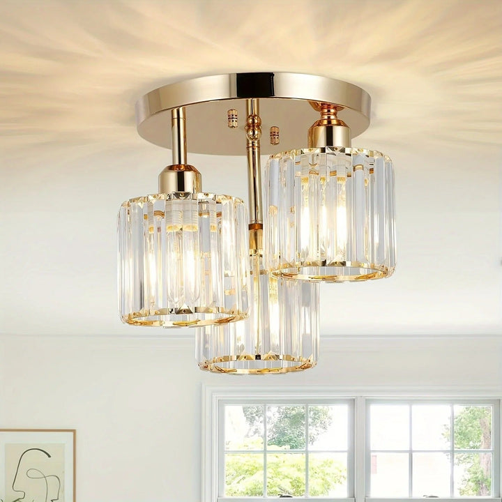Modern Gold Luxury Crystal Ceiling Light | 3-Light Semi Flush Mount