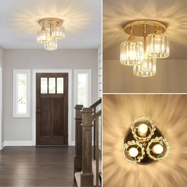 Modern Gold Luxury Crystal Ceiling Light | 3-Light Semi Flush Mount