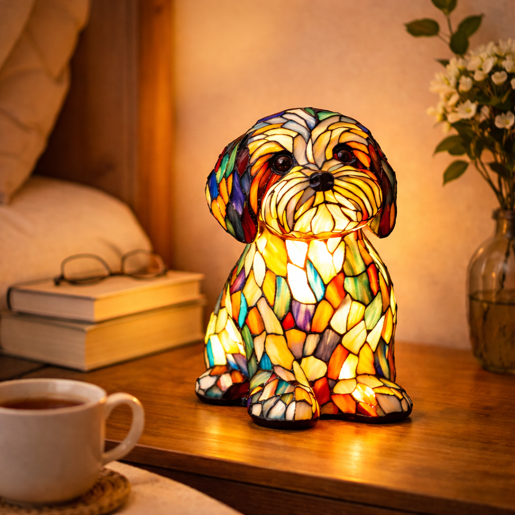 colorful Dog Table Lamp Stained Glass LED Night Light Bedroom